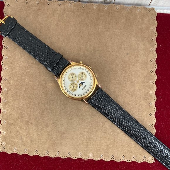 Vintage Fossil Quartz Moon Phase Chronograph Wrist Watch 9 inch Black Strap - Picture 4 of 8